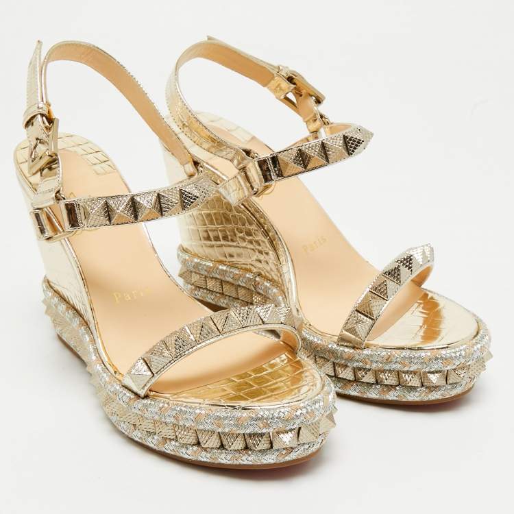 Pre Owned Christian Louboutin Gold Croc Embossed Leather Pyraclou Wedge Sandals Size 37
