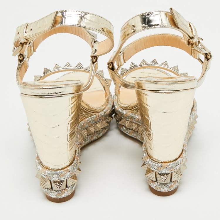 Pre Owned Christian Louboutin Gold Croc Embossed Leather Pyraclou Wedge Sandals Size 37