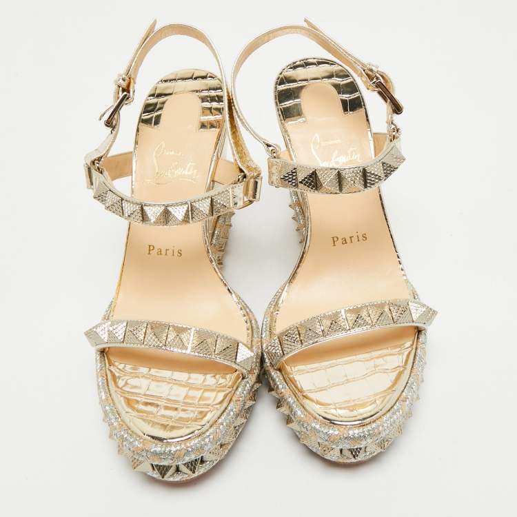 Pre Owned Christian Louboutin Gold Croc Embossed Leather Pyraclou Wedge Sandals Size 37
