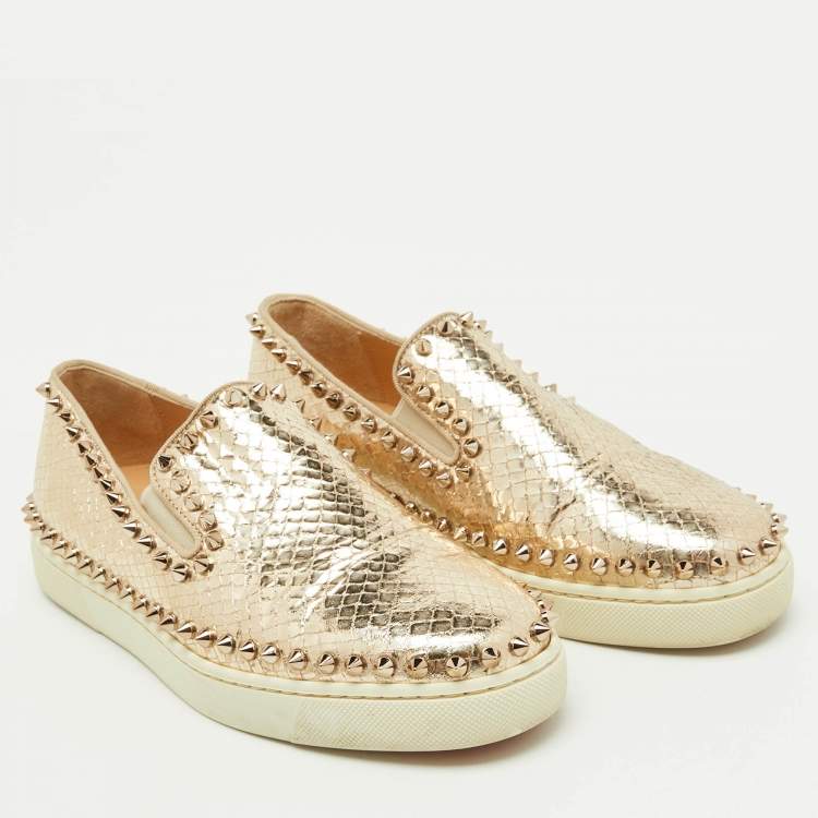 Pre Owned Christian Louboutin Gold Python Embossed Leather Pik Boat Slip On Sneakers Size 37