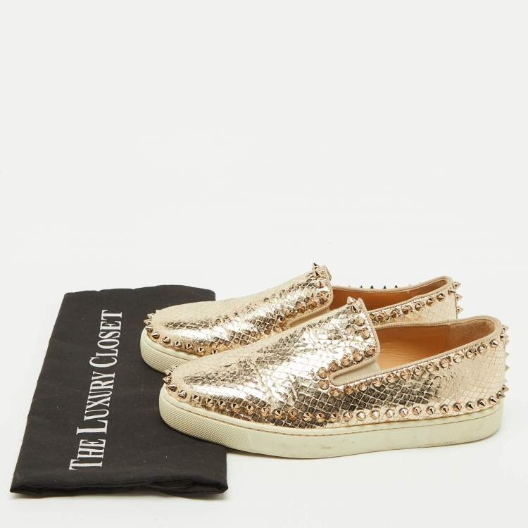Pre Owned Christian Louboutin Gold Python Embossed Leather Pik Boat Slip On Sneakers Size 37