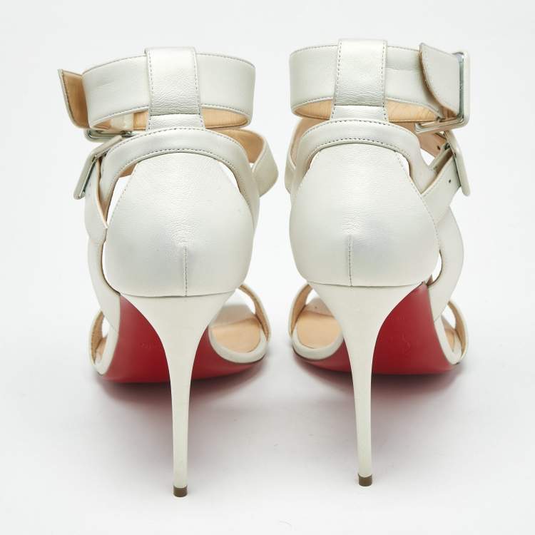 Pre Owned Christian Louboutin Iridescent White Leather Multipot Ankle Strap Sandals Size 40