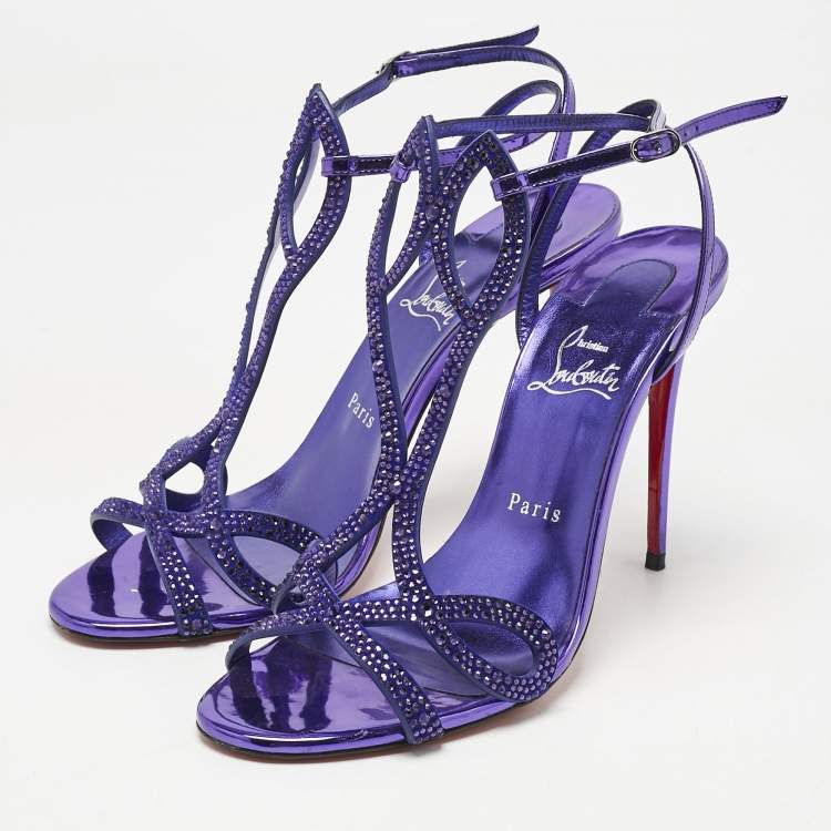 Pre Owned Christian Louboutin Purple Crystal Embellished Suede Double L Sandals Size 40.5