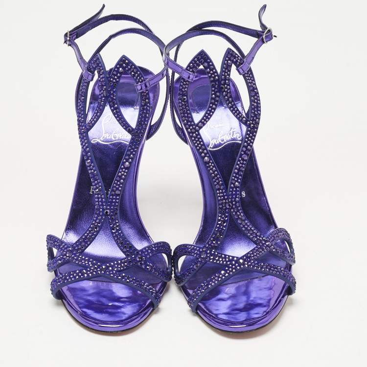 Pre Owned Christian Louboutin Purple Crystal Embellished Suede Double L Sandals Size 40.5