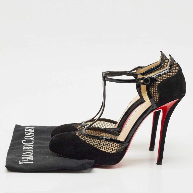 مملوكة مسبقًا Christian Louboutin Black Suede and Mesh Mrs.Early T-Strap Sandals Size 39.5