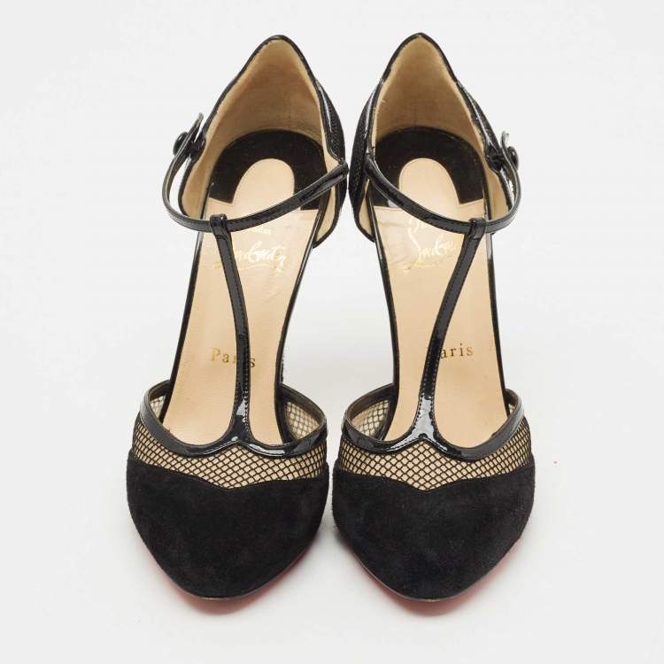 مملوكة مسبقًا Christian Louboutin Black Suede and Mesh Mrs.Early T-Strap Sandals Size 39.5