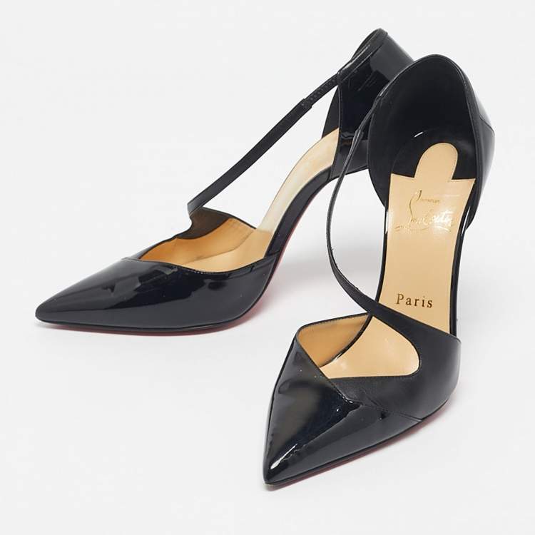 مملوكة مسبقًا Christian Louboutin Black Patent Leather Jumping Cross Strap Pumps Size 38.5