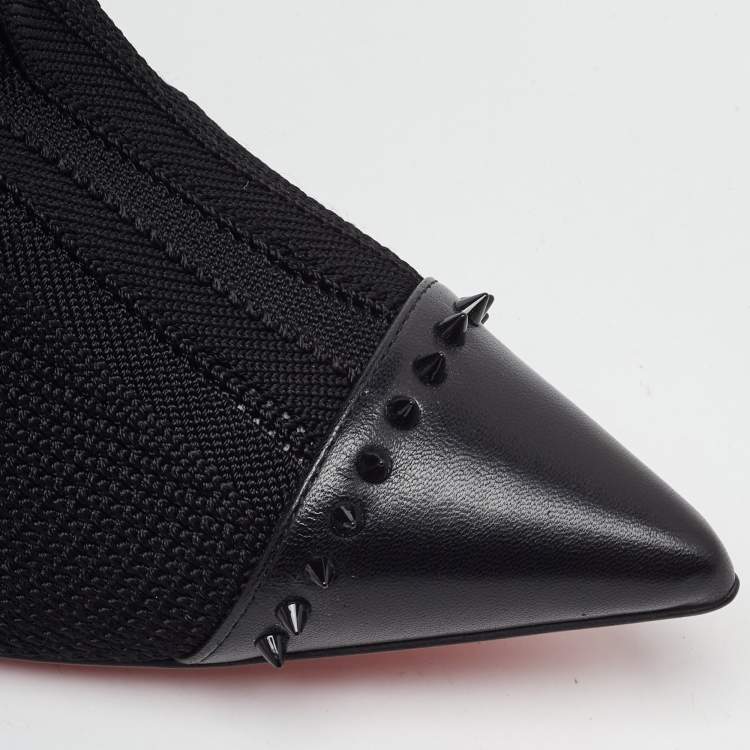Pre Owned Christian Louboutin Black Knit Fabric and Leather Dovi Dova Spikes Socks Ankle Boots Size 37.5