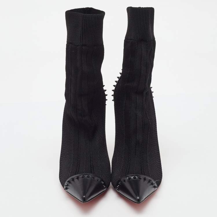 Pre Owned Christian Louboutin Black Knit Fabric and Leather Dovi Dova Spikes Socks Ankle Boots Size 37.5