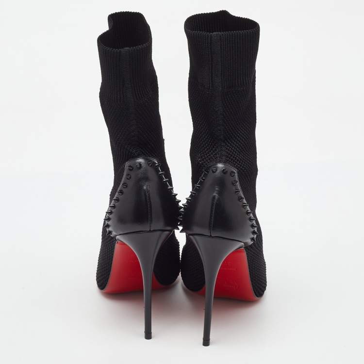 Pre Owned Christian Louboutin Black Knit Fabric and Leather Dovi Dova Spikes Socks Ankle Boots Size 37.5