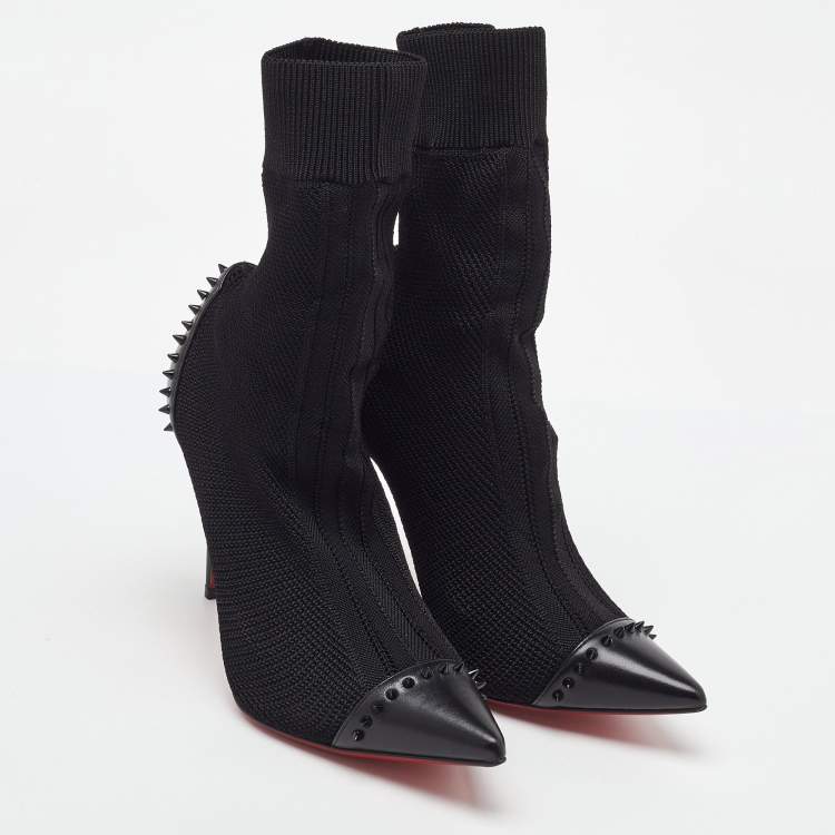 Pre Owned Christian Louboutin Black Knit Fabric and Leather Dovi Dova Spikes Socks Ankle Boots Size 37.5