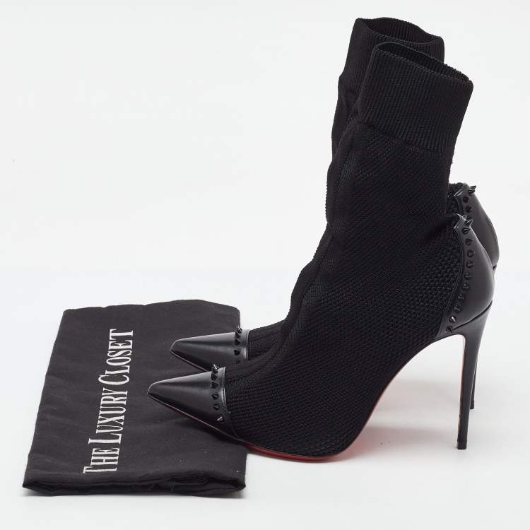 Pre Owned Christian Louboutin Black Knit Fabric and Leather Dovi Dova Spikes Socks Ankle Boots Size 37.5