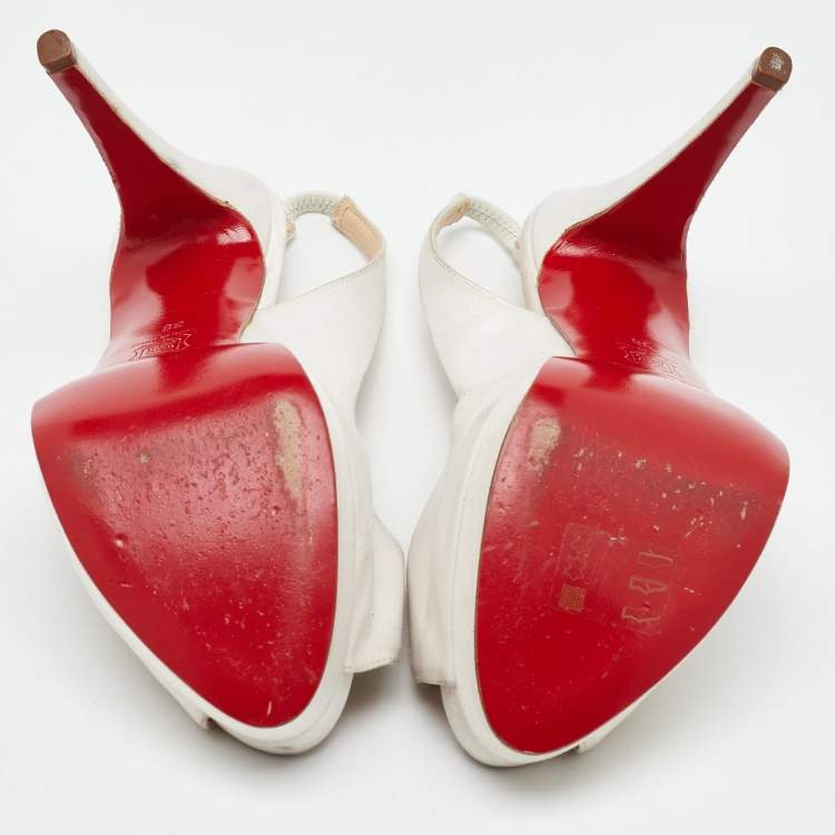 Pre Owned Christian Louboutin White Satin Lady Peep Toe Slingback Platform Pumps Size 38