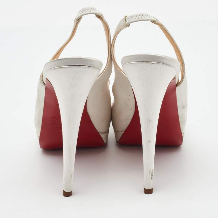 Pre Owned Christian Louboutin White Satin Lady Peep Toe Slingback Platform Pumps Size 38