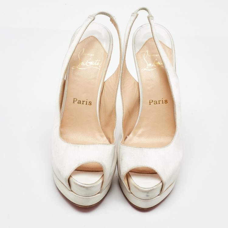 Pre Owned Christian Louboutin White Satin Lady Peep Toe Slingback Platform Pumps Size 38