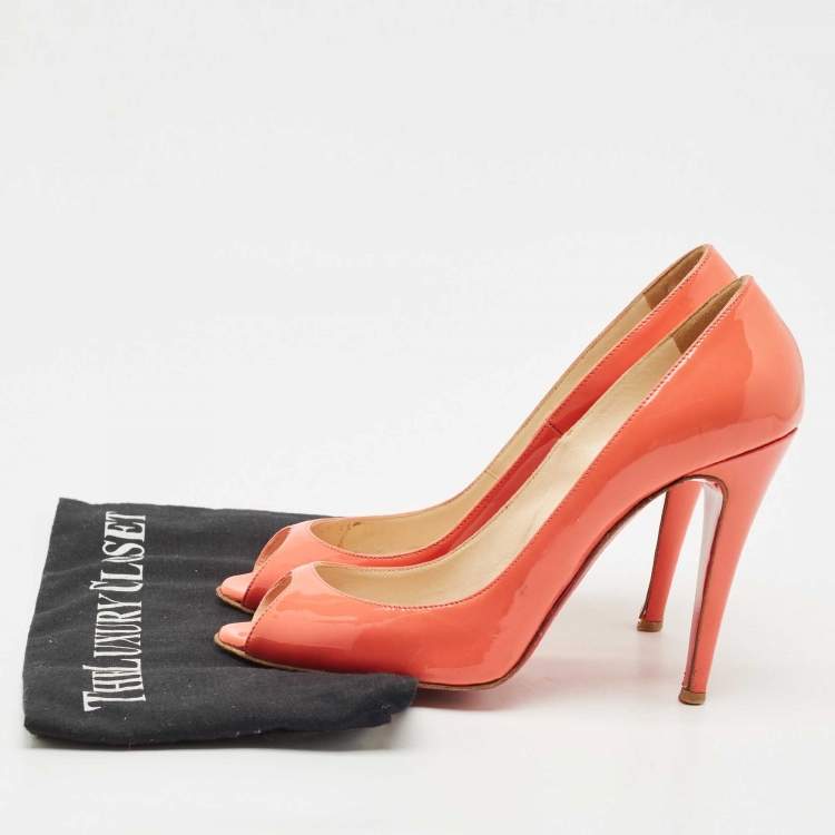 Pre Owned Christian Louboutin Coral Orange Patent Leather Flo Peep Toe Pumps Size 38