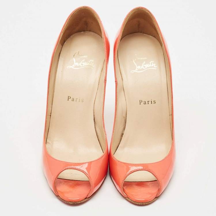 Pre Owned Christian Louboutin Coral Orange Patent Leather Flo Peep Toe Pumps Size 38