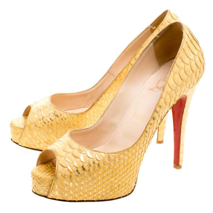 Pre Owned Christian Louboutin Metallic Gold Python Leather Altadama Peep Toe Pumps Size 40