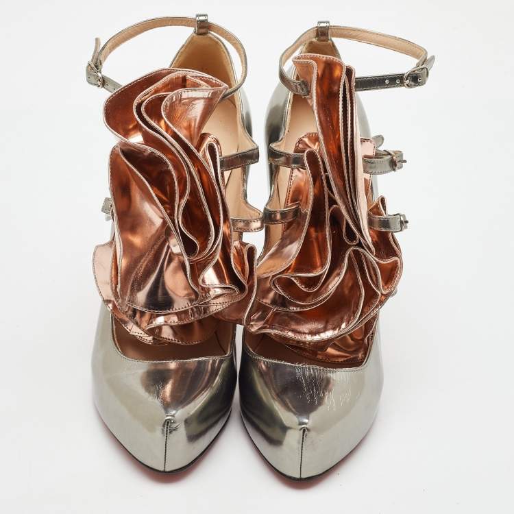 Pre Owned Christian Louboutin Silver/Rose Gold Leather Ruffle Mary Jane Pumps Size 38.5