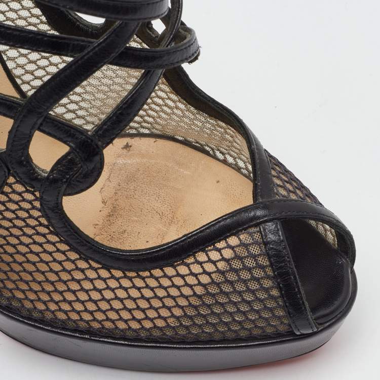 Pre Owned Christian Louboutin Black Leather and Mesh Strappy Platform Slingback Sandals Size 39