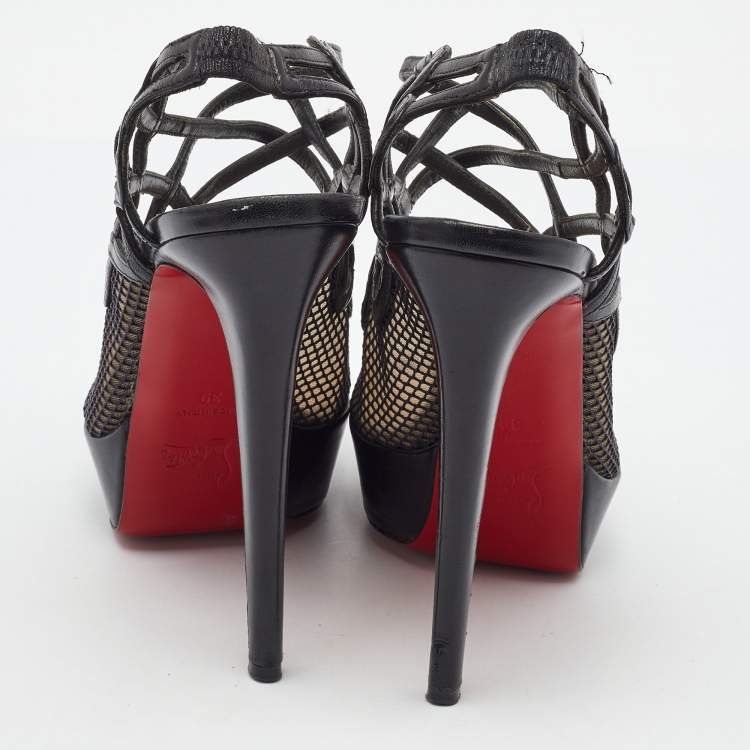 Pre Owned Christian Louboutin Black Leather and Mesh Strappy Platform Slingback Sandals Size 39