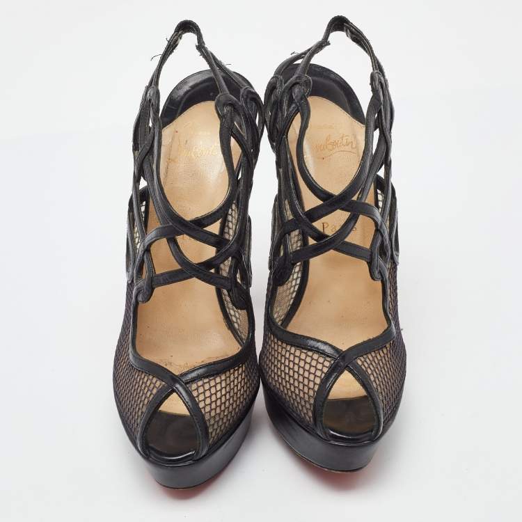 Pre Owned Christian Louboutin Black Leather and Mesh Strappy Platform Slingback Sandals Size 39