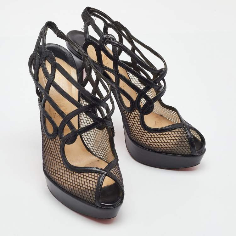 Pre Owned Christian Louboutin Black Leather and Mesh Strappy Platform Slingback Sandals Size 39