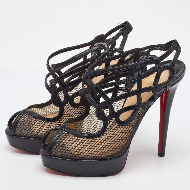 Pre Owned Christian Louboutin Black Leather and Mesh Strappy Platform Slingback Sandals Size 39