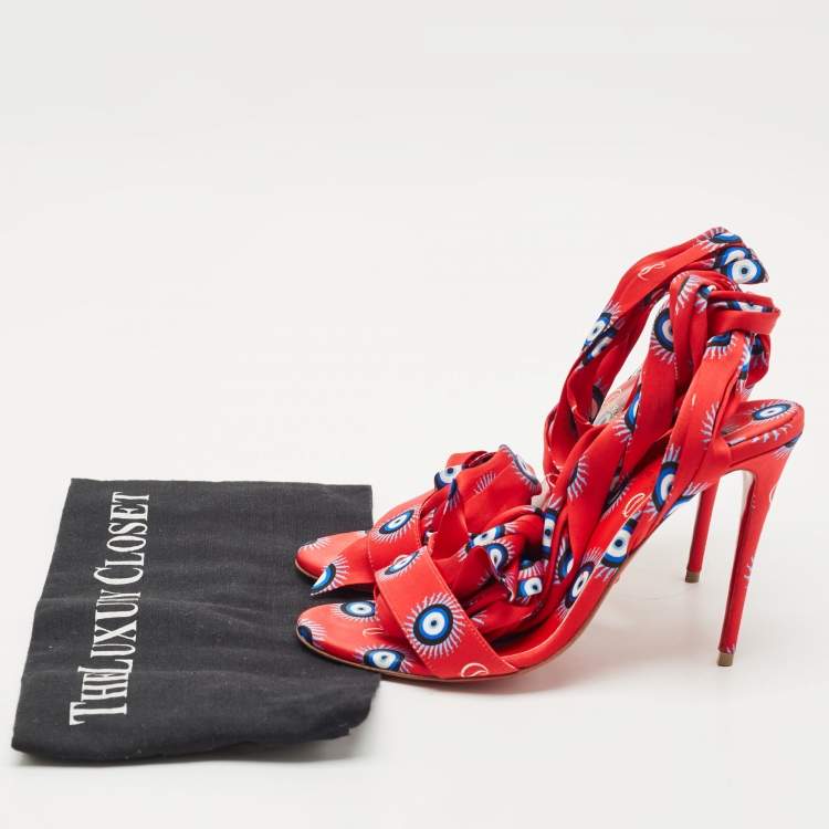 Pre Owned Christian Louboutin Red/Blue Evil Eye Satin Sandale Du Desert Sandals Size 37