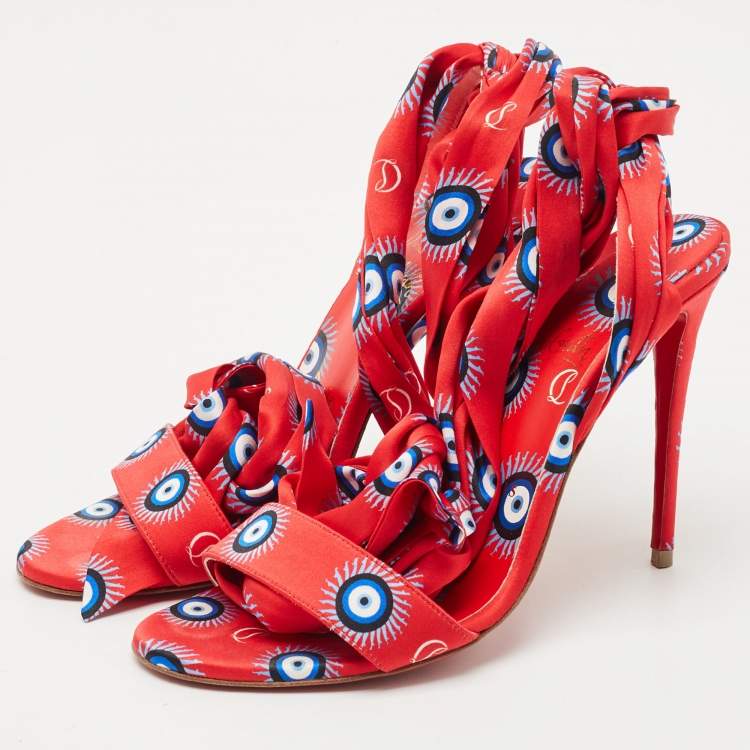 Pre Owned Christian Louboutin Red/Blue Evil Eye Satin Sandale Du Desert Sandals Size 37