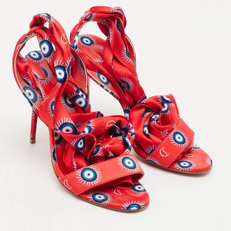 Pre Owned Christian Louboutin Red/Blue Evil Eye Satin Sandale Du Desert Sandals Size 37