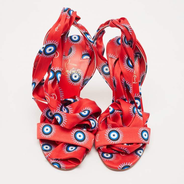 Pre Owned Christian Louboutin Red/Blue Evil Eye Satin Sandale Du Desert Sandals Size 37