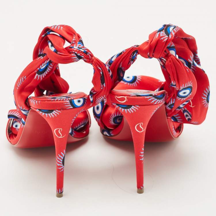 Pre Owned Christian Louboutin Red/Blue Evil Eye Satin Sandale Du Desert Sandals Size 37