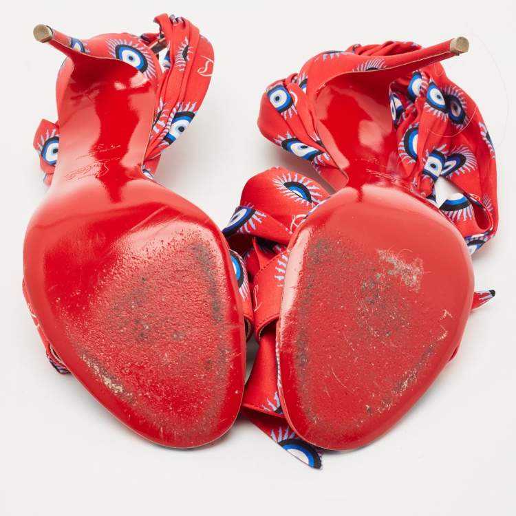 Pre Owned Christian Louboutin Red/Blue Evil Eye Satin Sandale Du Desert Sandals Size 37