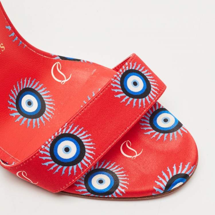 Pre Owned Christian Louboutin Red/Blue Evil Eye Satin Sandale Du Desert Sandals Size 37