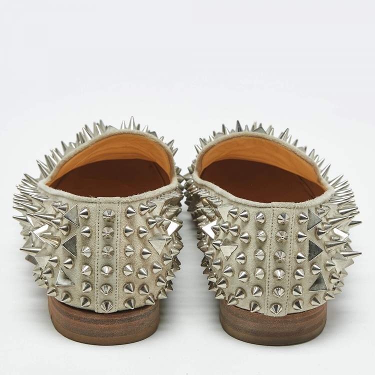 Pre Owned Christian Louboutin Grey Suede Leather Rolling Spikes Loafers Size 39