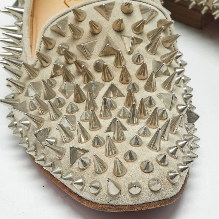 Pre Owned Christian Louboutin Grey Suede Leather Rolling Spikes Loafers Size 39