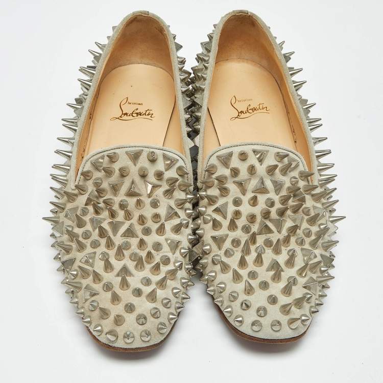 Pre Owned Christian Louboutin Grey Suede Leather Rolling Spikes Loafers Size 39