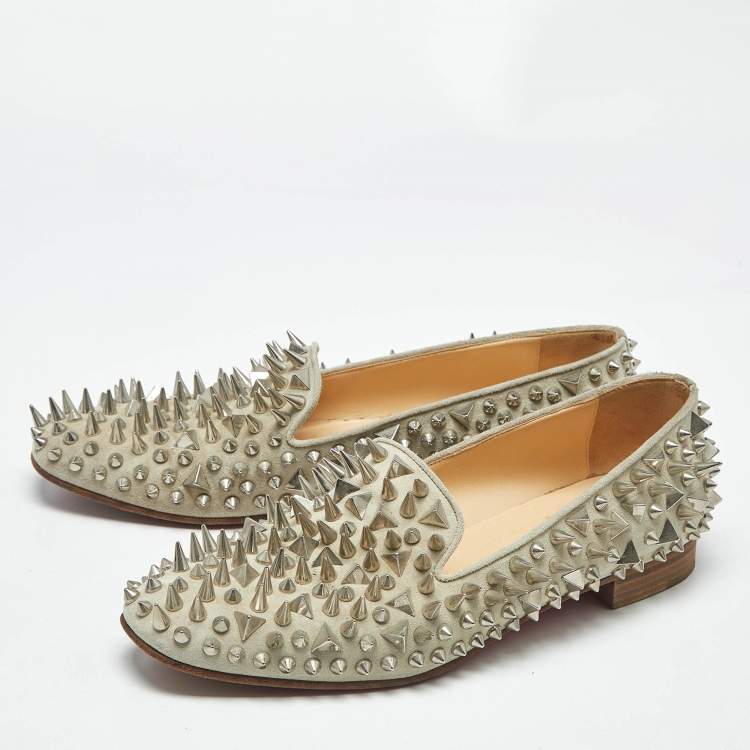 Pre Owned Christian Louboutin Grey Suede Leather Rolling Spikes Loafers Size 39
