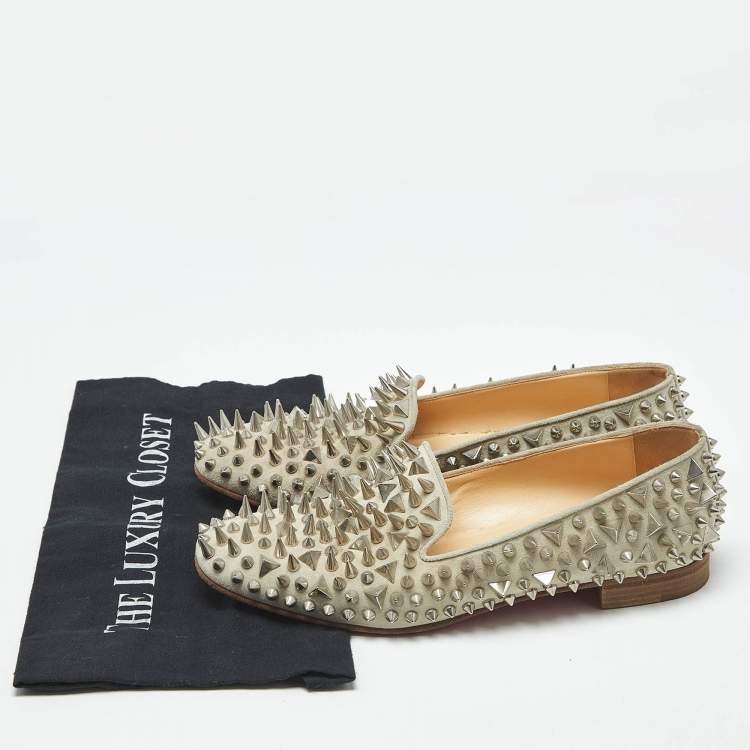 Pre Owned Christian Louboutin Grey Suede Leather Rolling Spikes Loafers Size 39