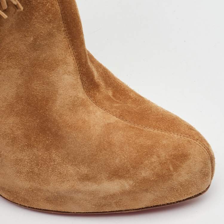 Pre Owned Christian Louboutin Light Tan Suede Rom Fringe Detail Platform Ankle Boots Size 39