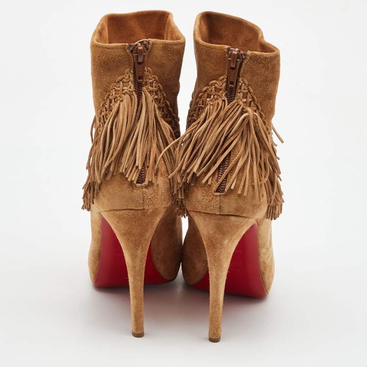 Pre Owned Christian Louboutin Light Tan Suede Rom Fringe Detail Platform Ankle Boots Size 39