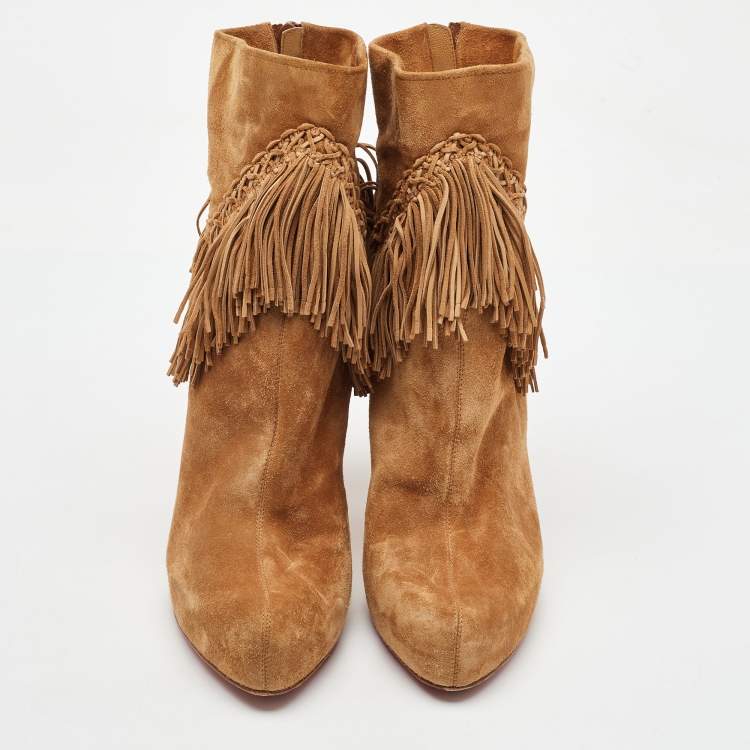 Pre Owned Christian Louboutin Light Tan Suede Rom Fringe Detail Platform Ankle Boots Size 39