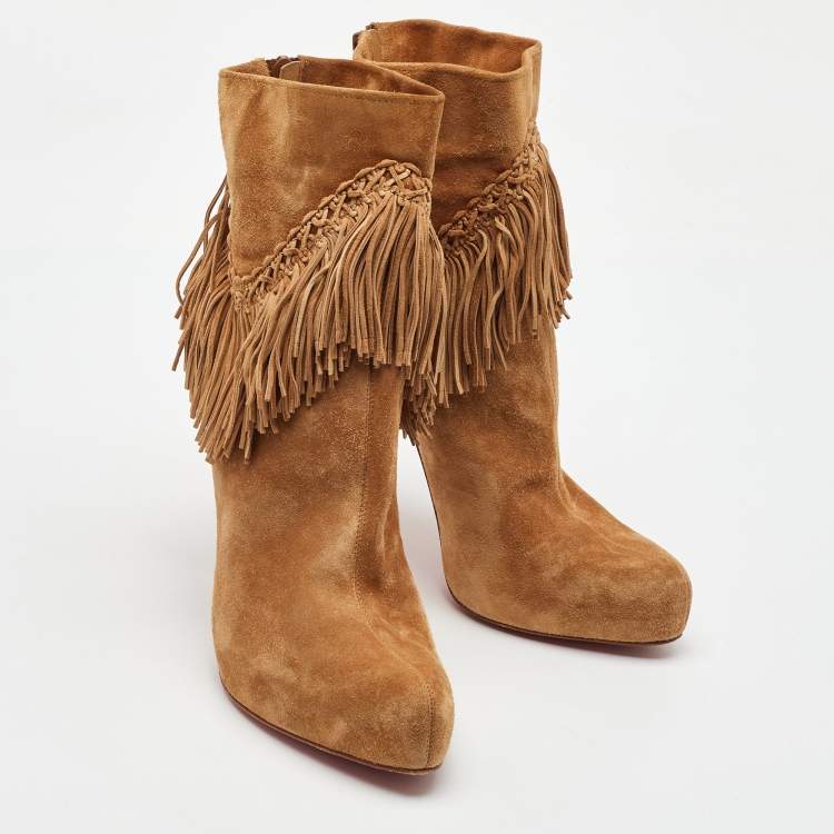 Pre Owned Christian Louboutin Light Tan Suede Rom Fringe Detail Platform Ankle Boots Size 39