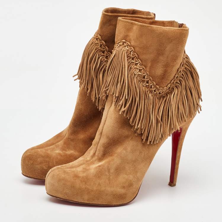 Pre Owned Christian Louboutin Light Tan Suede Rom Fringe Detail Platform Ankle Boots Size 39