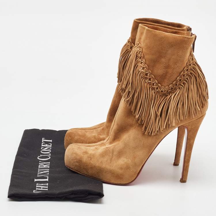 Pre Owned Christian Louboutin Light Tan Suede Rom Fringe Detail Platform Ankle Boots Size 39