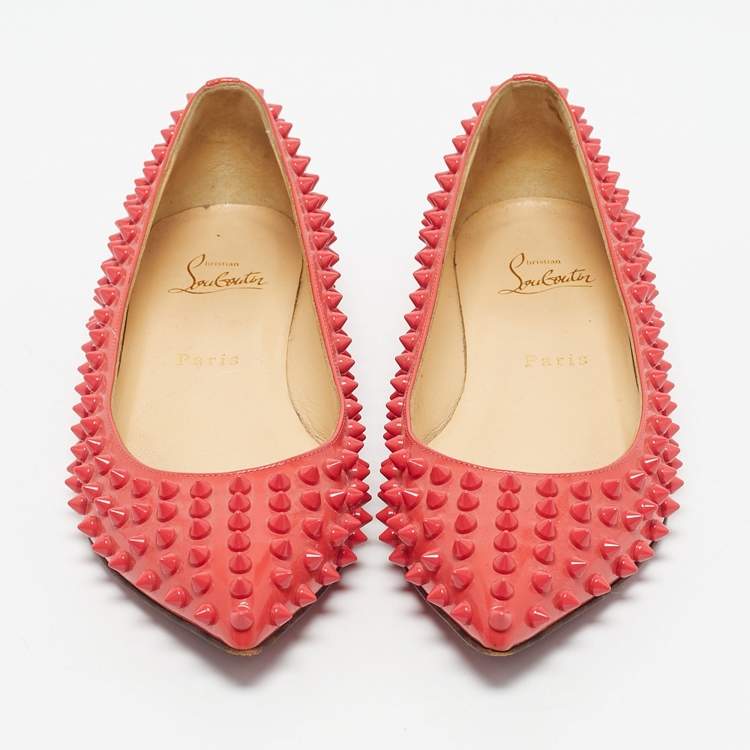 Pre Owned Christian Louboutin Red Patent Leather Pigalle Spikes Ballet Flats Size 37.5