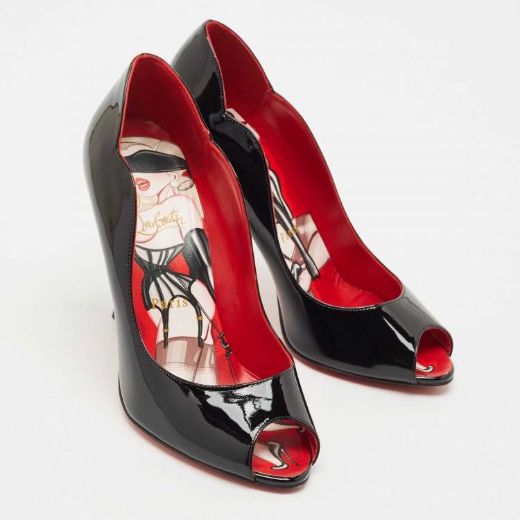 Pre Owned Christian Louboutin Black Patent Leather Chick Up Pumps Size 39.5