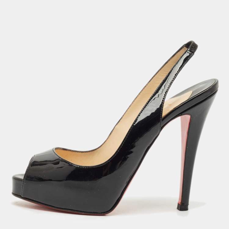 Pre Owned Christian Louboutin Black Patent Leather Lady Peep Slingback Pumps Size 35