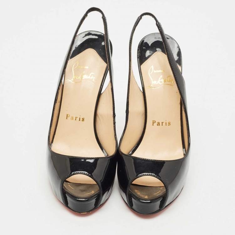 Pre Owned Christian Louboutin Black Patent Leather Lady Peep Slingback Pumps Size 35